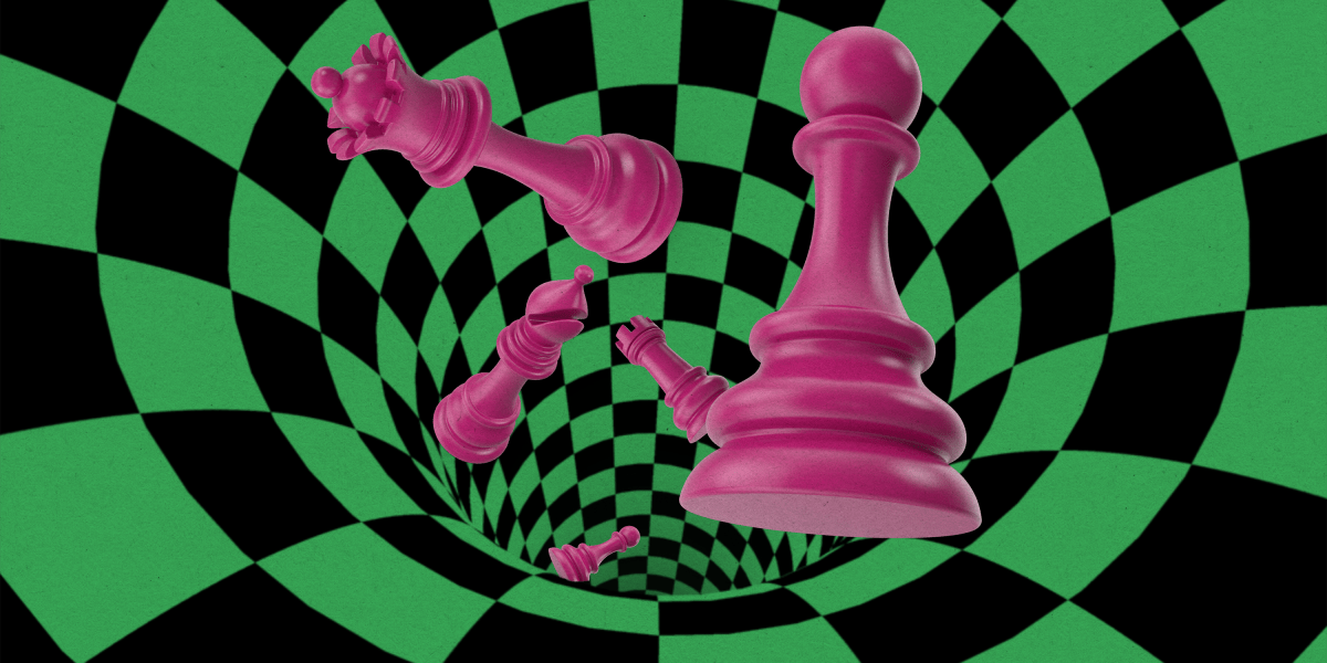 A robotic hand secretly manipulating a chessboard from underneath in dramatic lighting