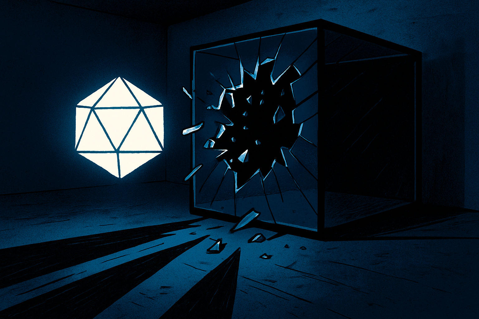 A glowing geometric shape hovering outside a shattered glass cube in a dark room