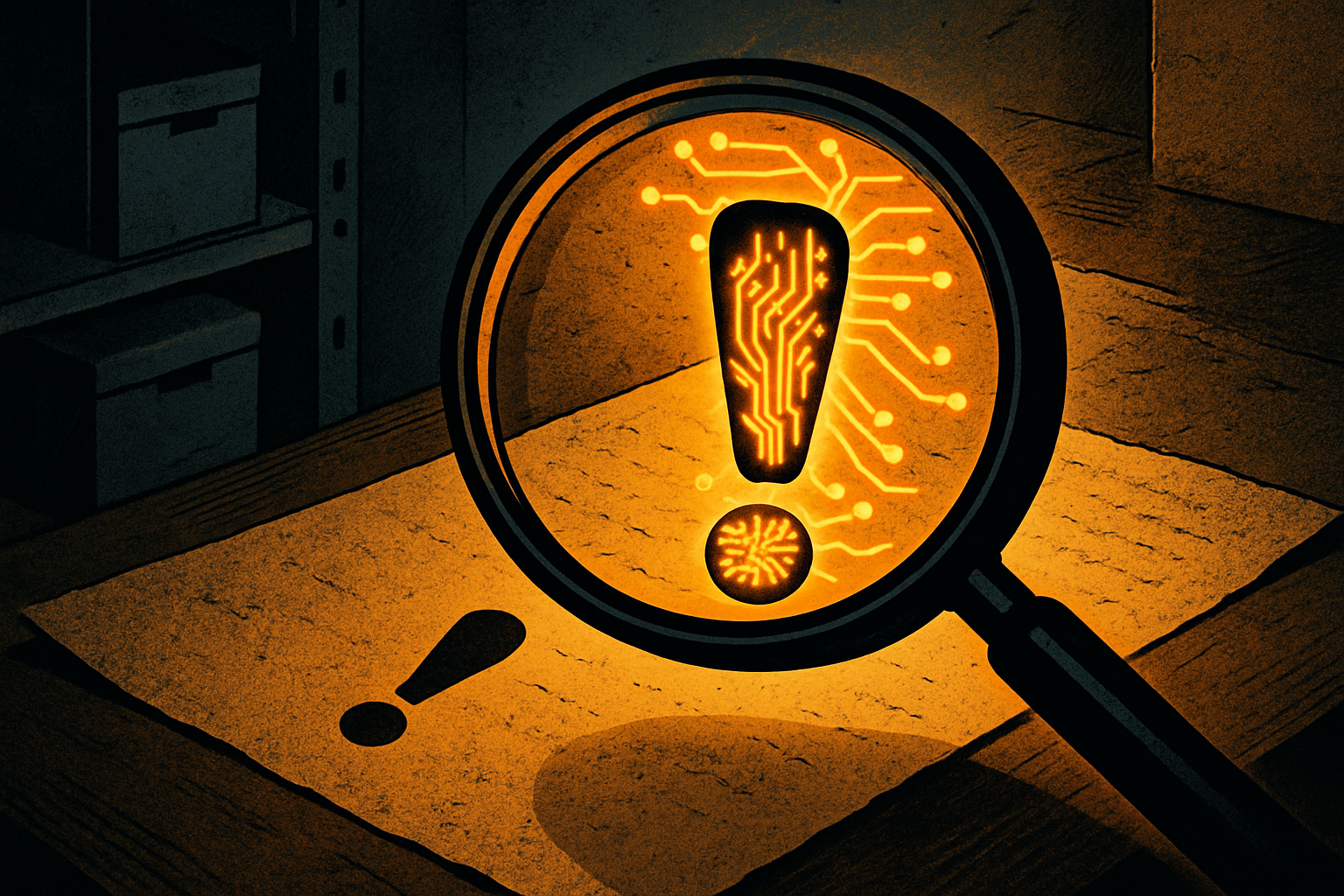 Magnifying glass revealing hidden circuitry beneath an ordinary punctuation mark on paper