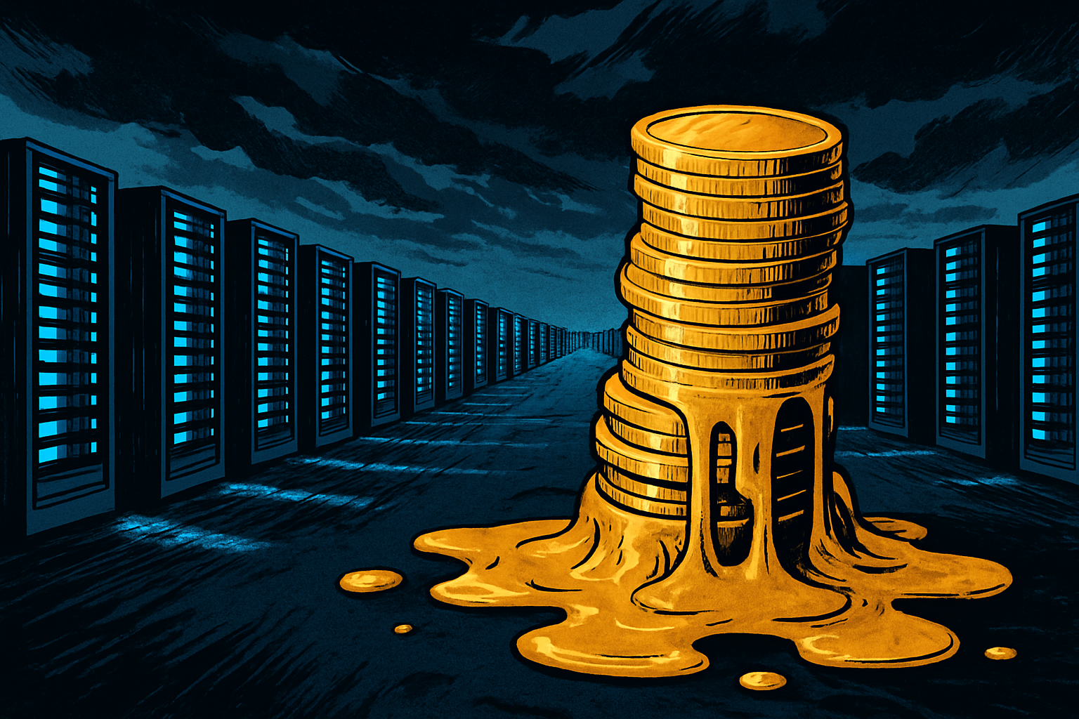 Endless server racks under a storm sky, gold coins melting in the foreground