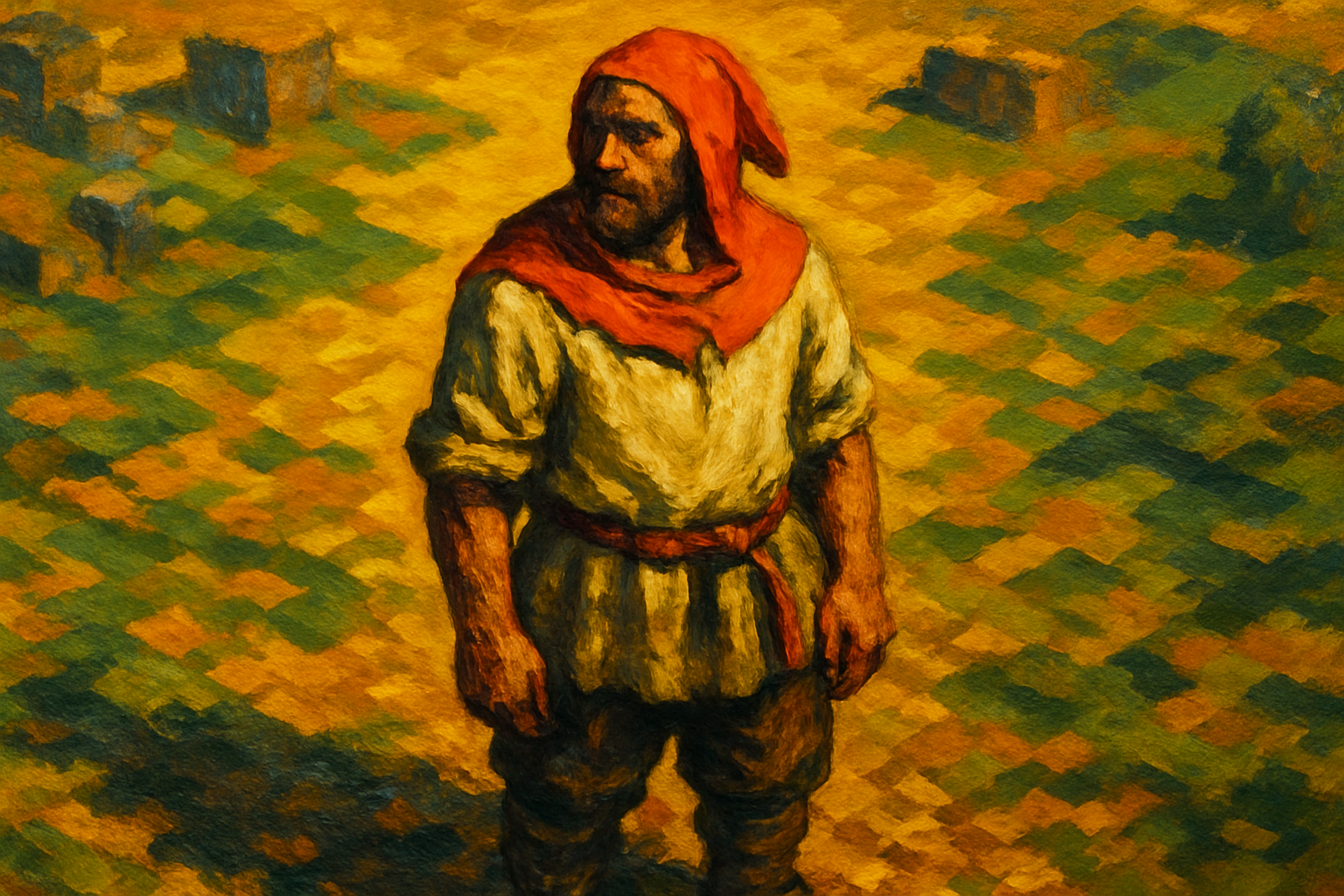 A lone pixelated medieval villager standing in a dramatic, painterly landscape.