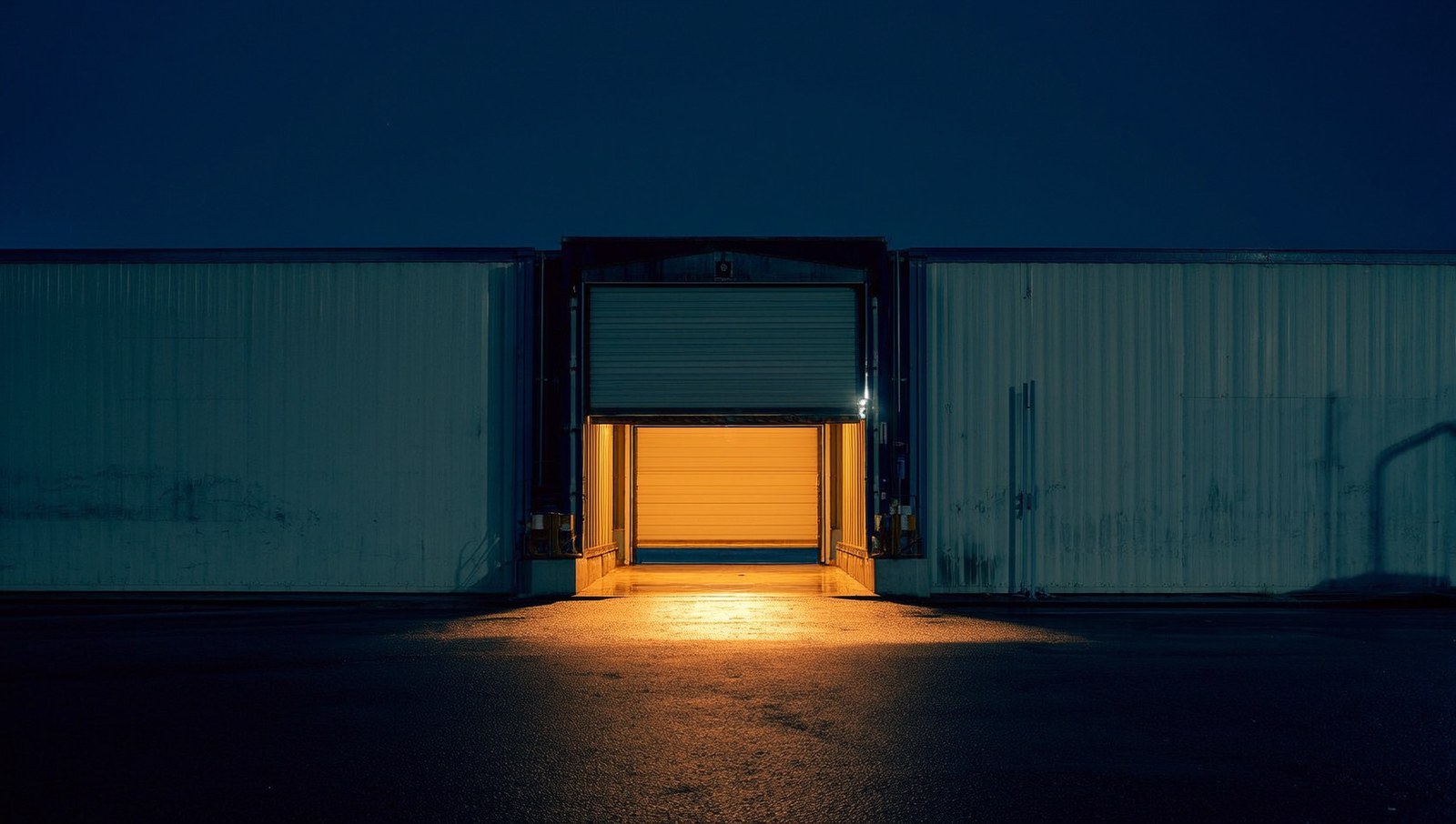 An open loading dock door at night with light spilling onto wet asphalt.