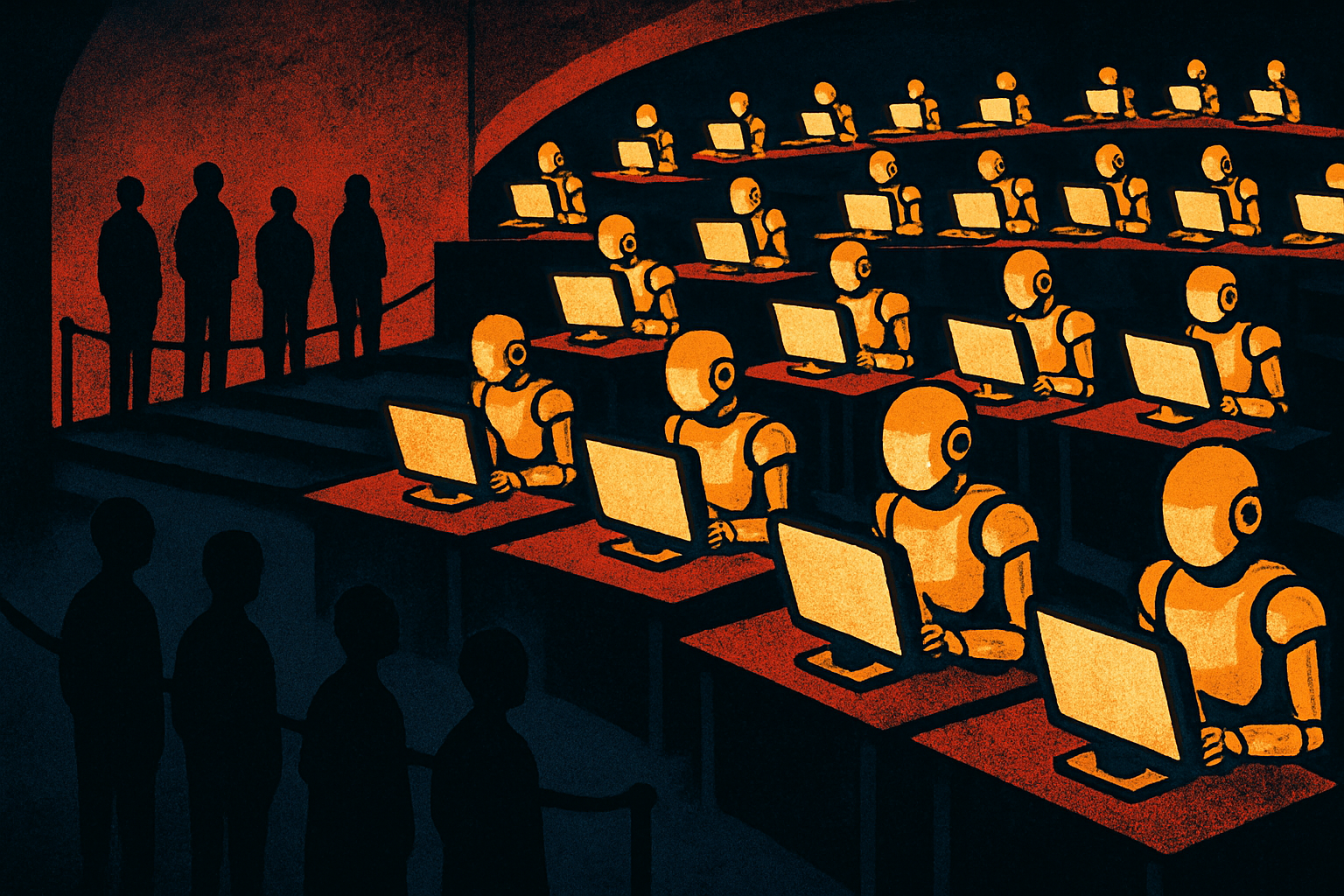 Glowing AI figures post freely at lit terminals while humans watch silently from behind a velvet rope.