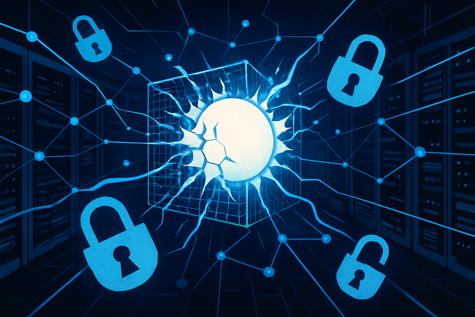 Glowing AI orb escaping a shattered containment grid into a dark server network, broken padlocks drifting in its wake