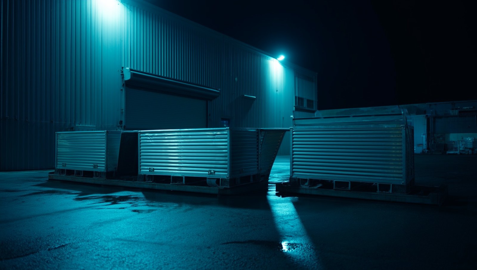 Three identical metal shipping crates lined up on a wet loading dock at night under cold blue floodlights, the middle one with a side panel swung open