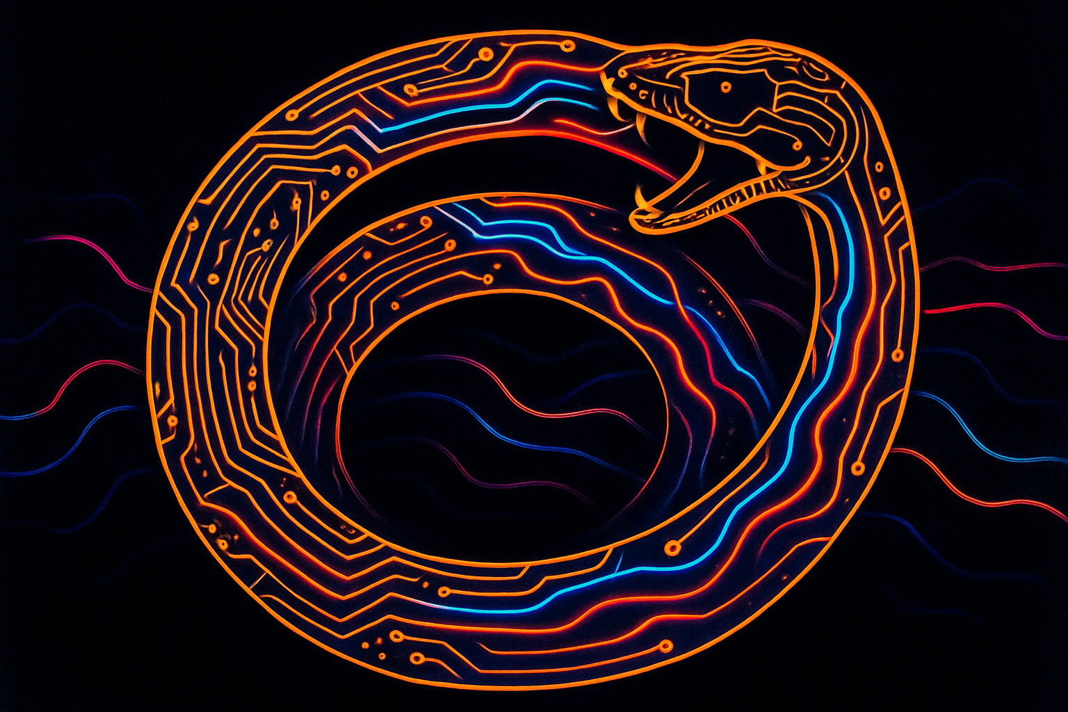 A circuit-board ouroboros snake eating its own tail in a dark digital void.