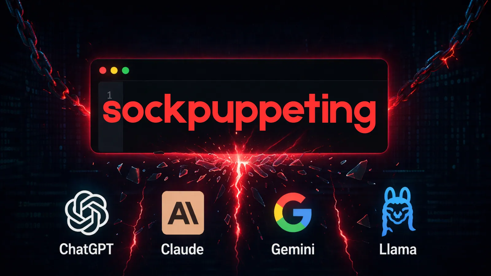 A ventriloquist puppet in a suit speaking to a glowing laptop in a dark room