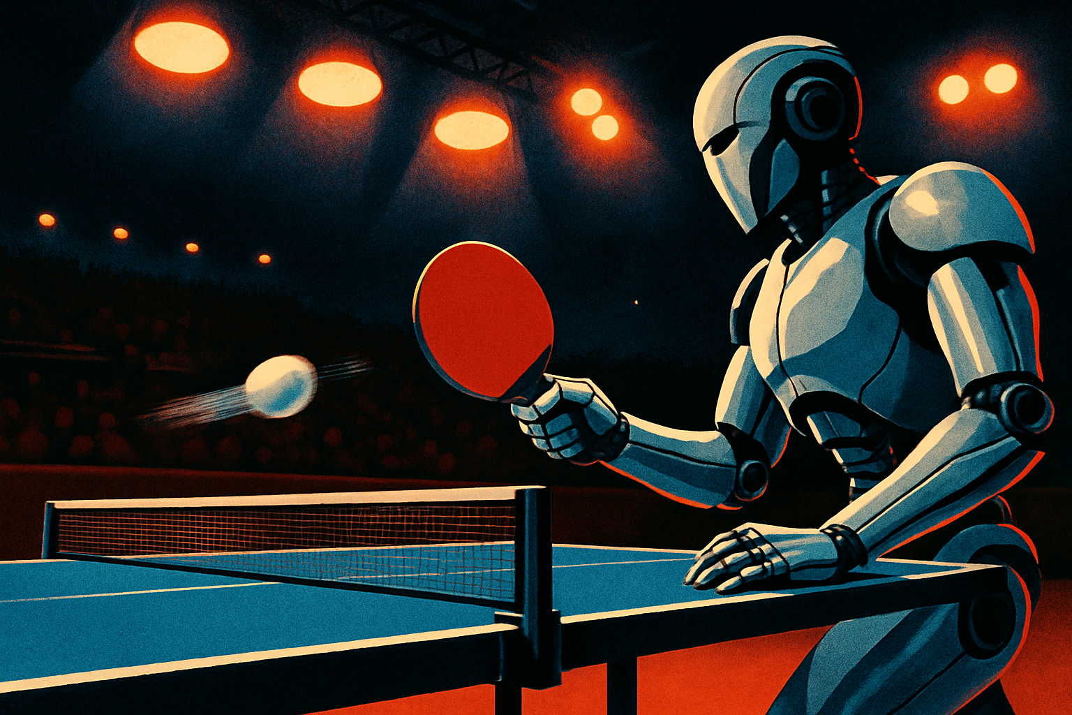 A robotic arm mid-swing over a professional table tennis table under bright tournament lights