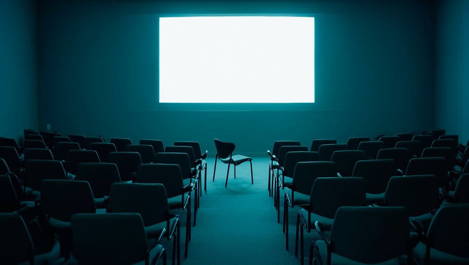 An empty auditorium lit only by a blank glowing projector screen, with one mismatched chair standing alone in the center aisle among the fixed rows
